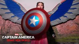 Marvel fans pose with Sam Wilson's Shield at the Premiere!